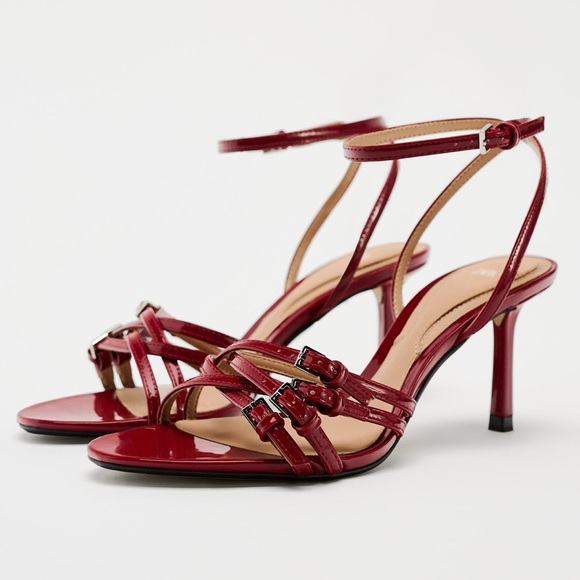 ZARA RED FAUX LEATHER HIGH HEELED STRAP SANDALS - Picture 1 of 15